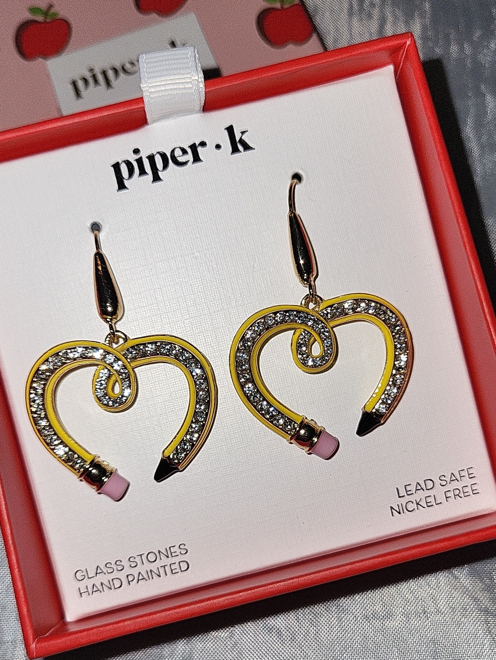 Piper K Yellow Heart Pencil Drop Earrings with Pink Eraser Tips GEMS TE
